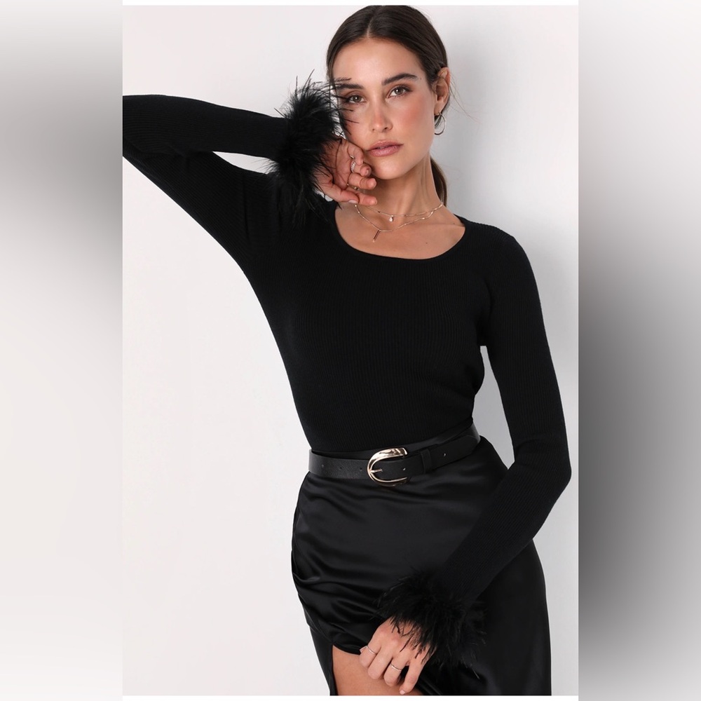 Lulu’s Elegant Black Ribbed Feather Cuff Long Sleeve Sweater Sz XXL